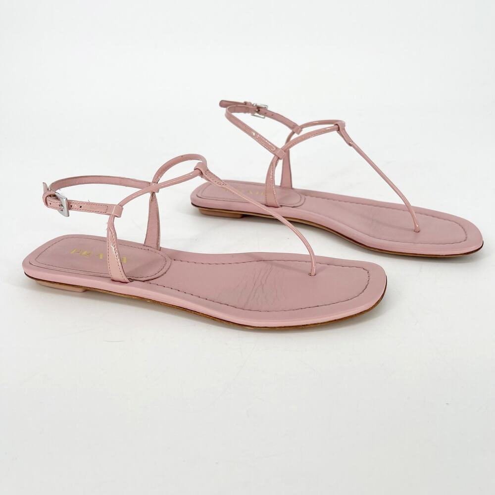 Prada Light Pink Patent Leather T Strap Thong Strappy Flat Sandals IT 37 - Picture 2 of 11